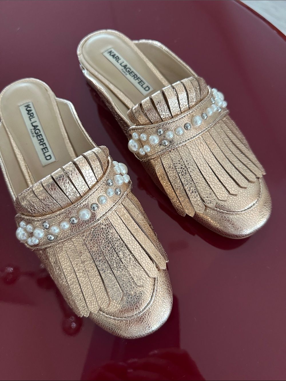 Karl Lagerfeld Metallic Rose Gold Pearl-Trim Fringe Mules